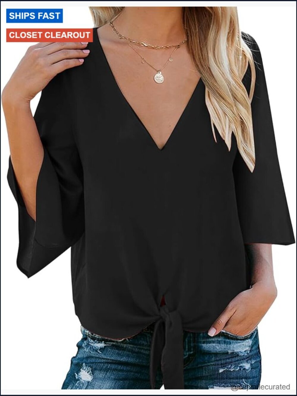 V Neck Bell Sleeve Tie Front Blouse Summer Top
